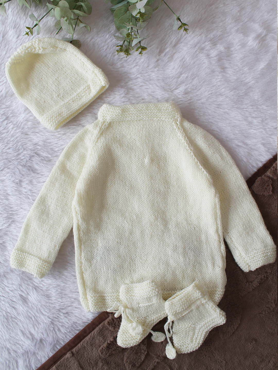 Woonie Handknitted Full Sleeves Bear Face Applique Cardigan with Cap & Socks - Cream