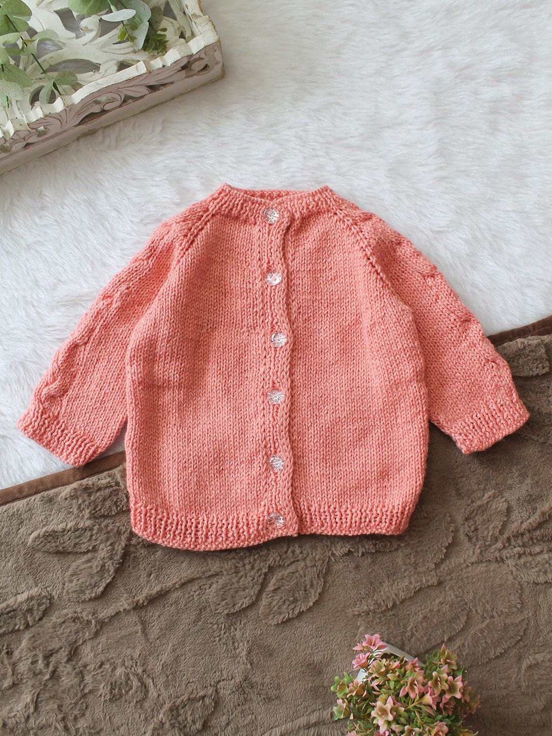 Woonie Handknitted Full Sleeves Cable Knit Cardigan - Peach