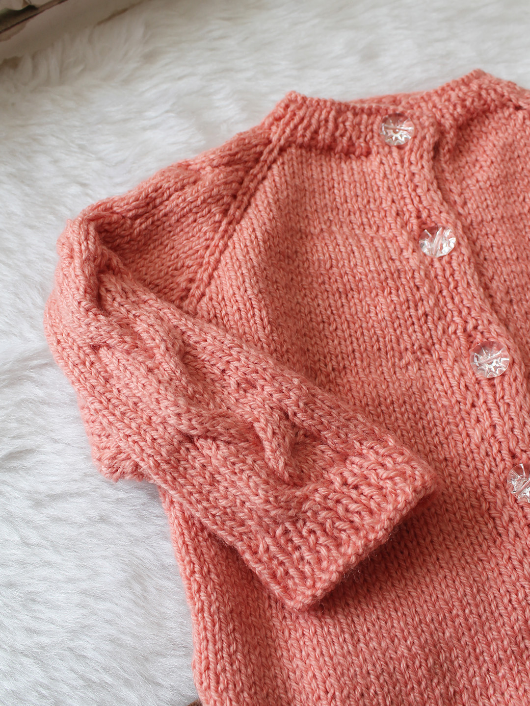Woonie Handknitted Full Sleeves Cable Knit Cardigan - Peach