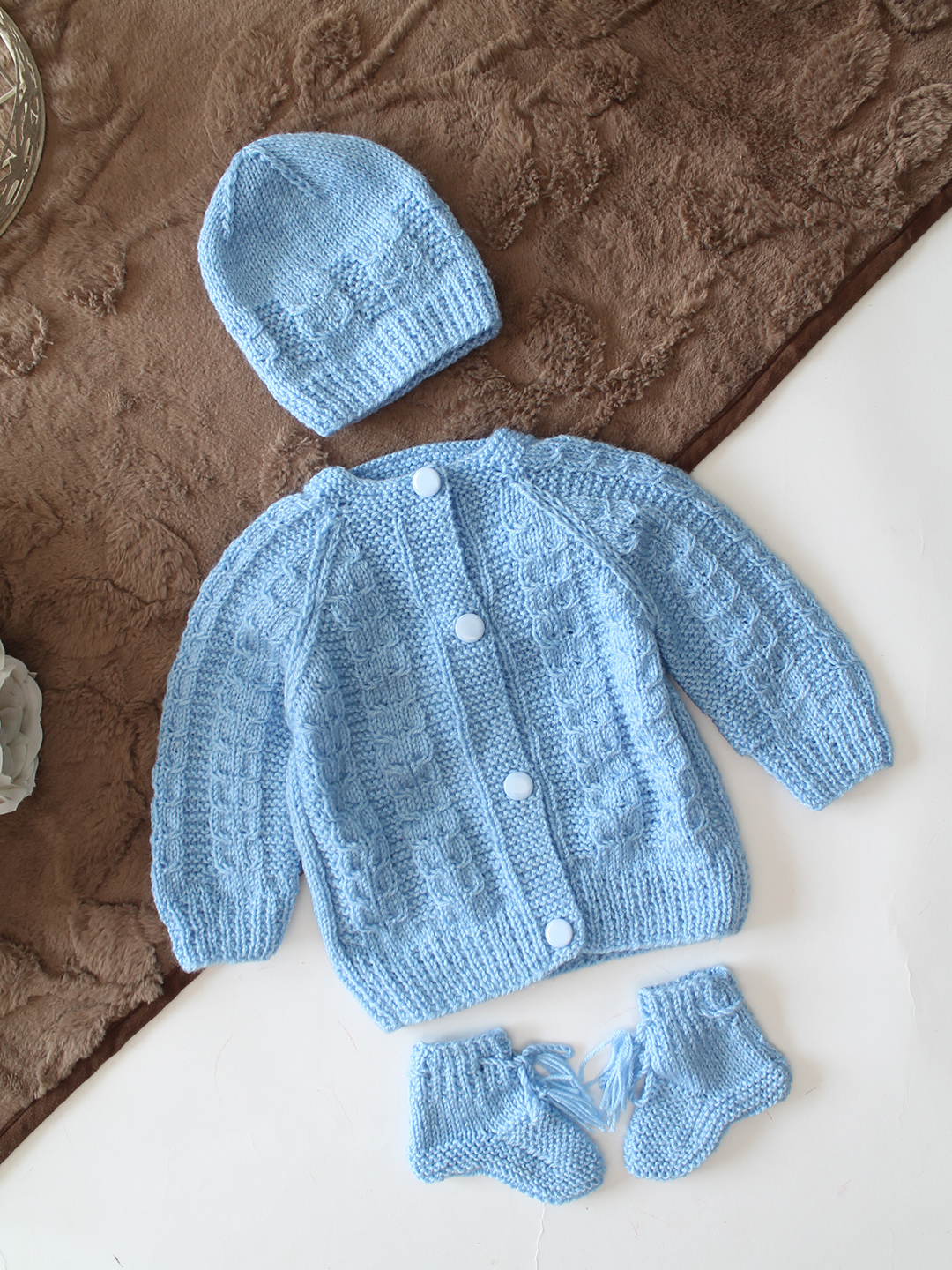 Woonie Handknitted Full Sleeves Cable Knit Cardigan with Cap & Socks - Sky Blue