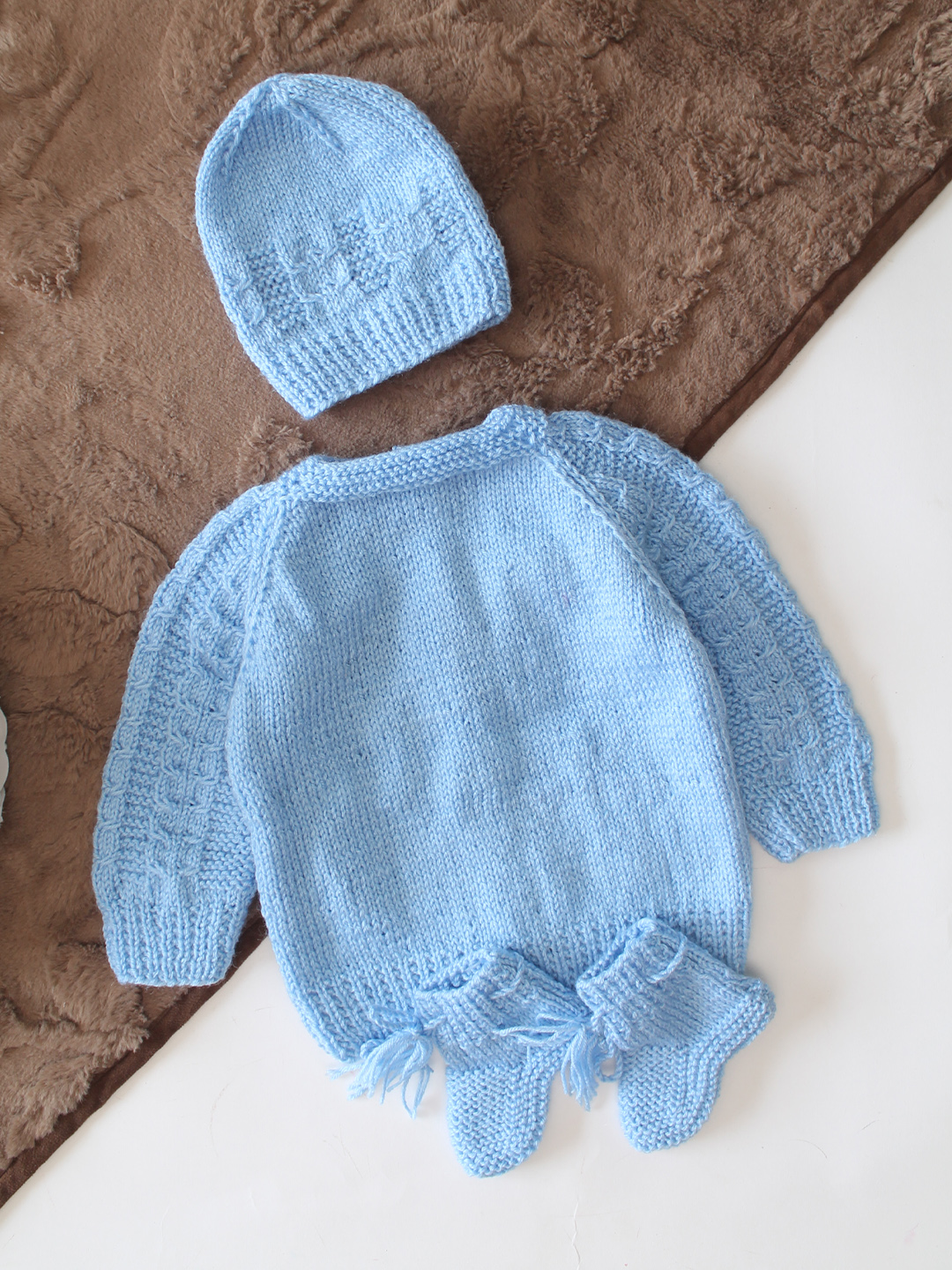 Woonie Handknitted Full Sleeves Cable Knit Cardigan with Cap & Socks - Sky Blue