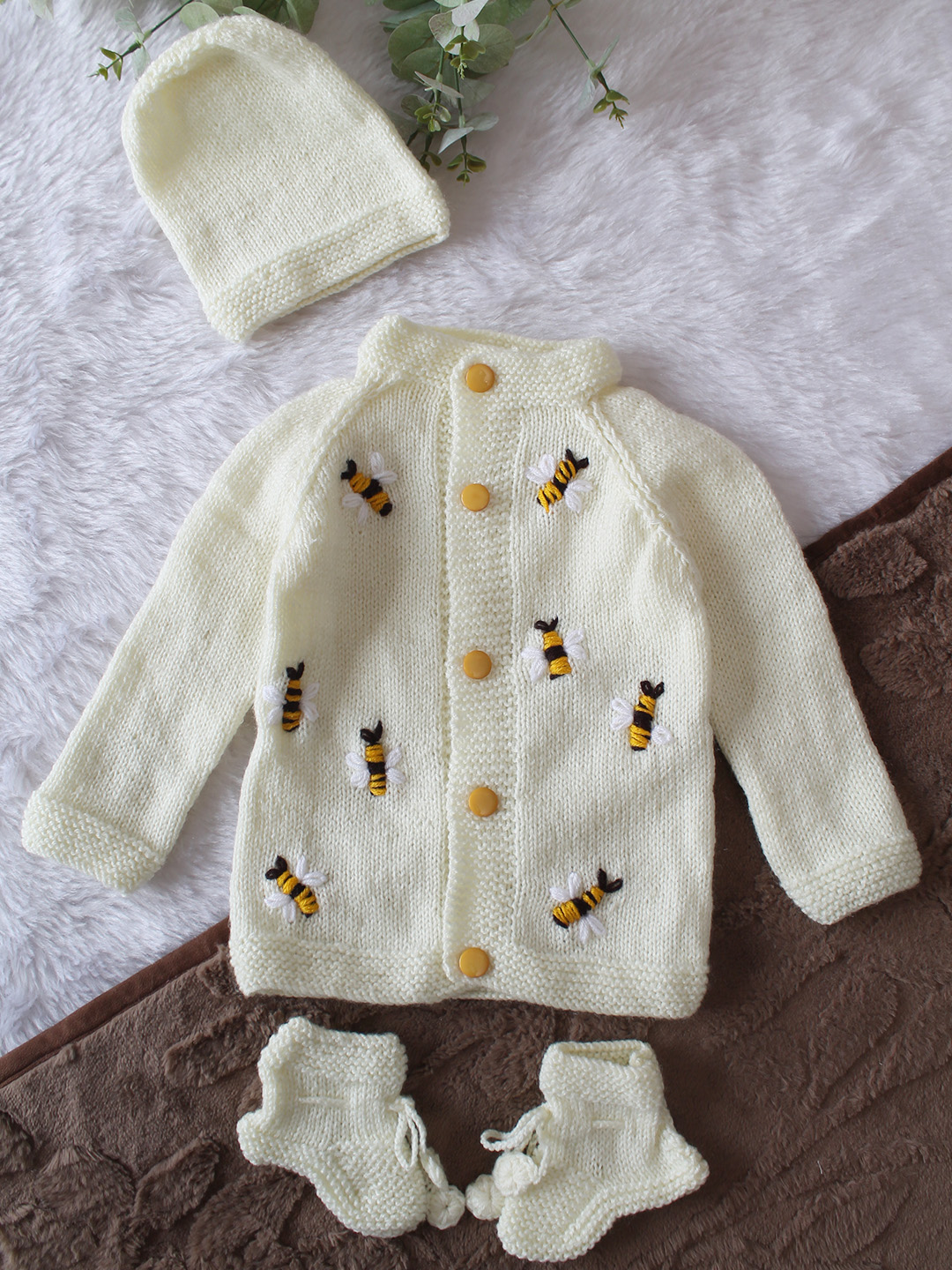 Woonie Handknitted Full Sleeves Bee Embroidered Cardigan with Cap & Socks - Cream