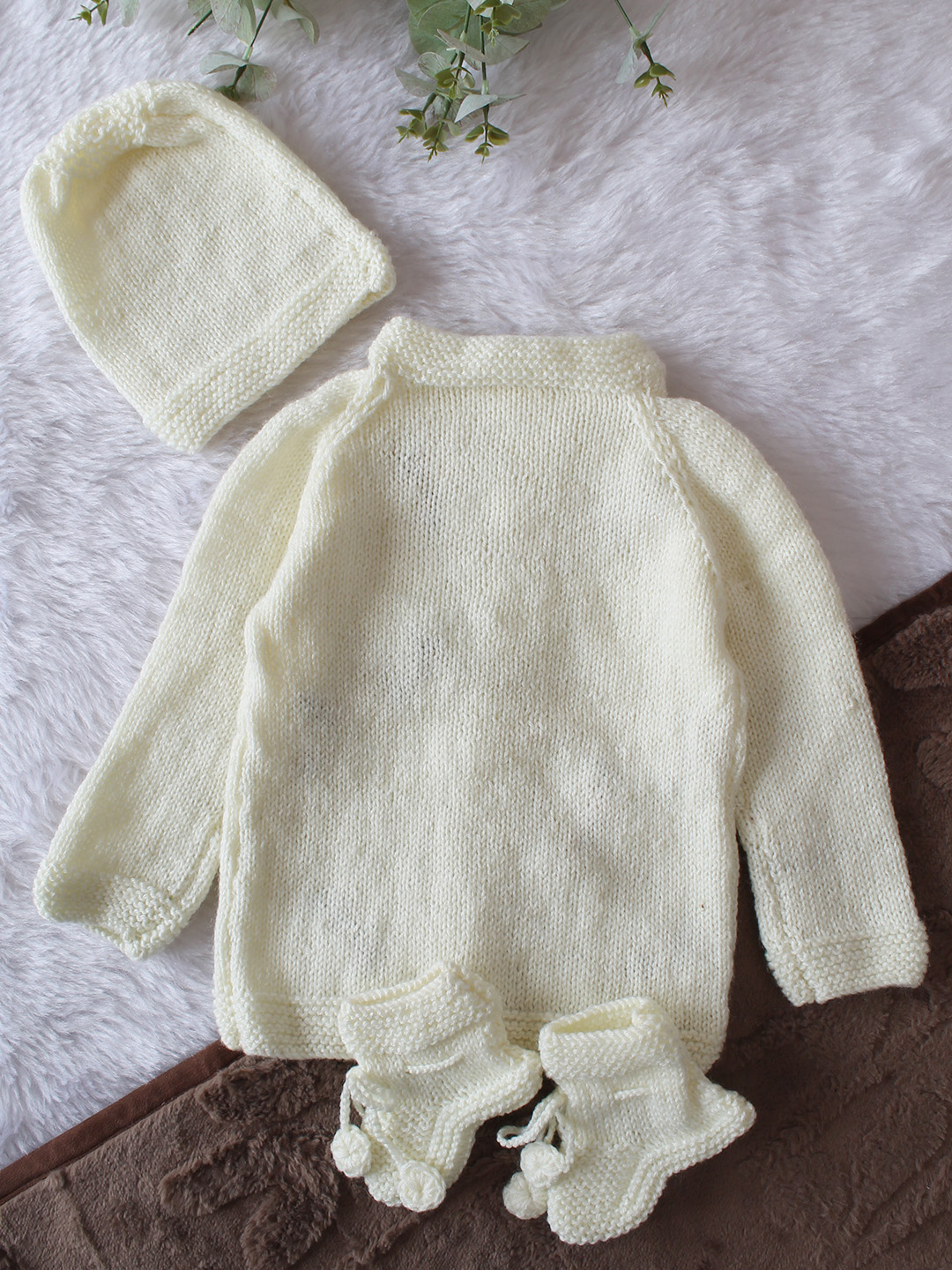 Woonie Handknitted Full Sleeves Bee Embroidered Cardigan with Cap & Socks - Cream