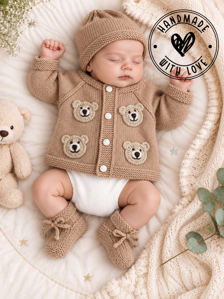 Image of Woonie Handknitted Full Sleeves Bear Face Applique Cardigan with Cap &amp; Socks - Beige