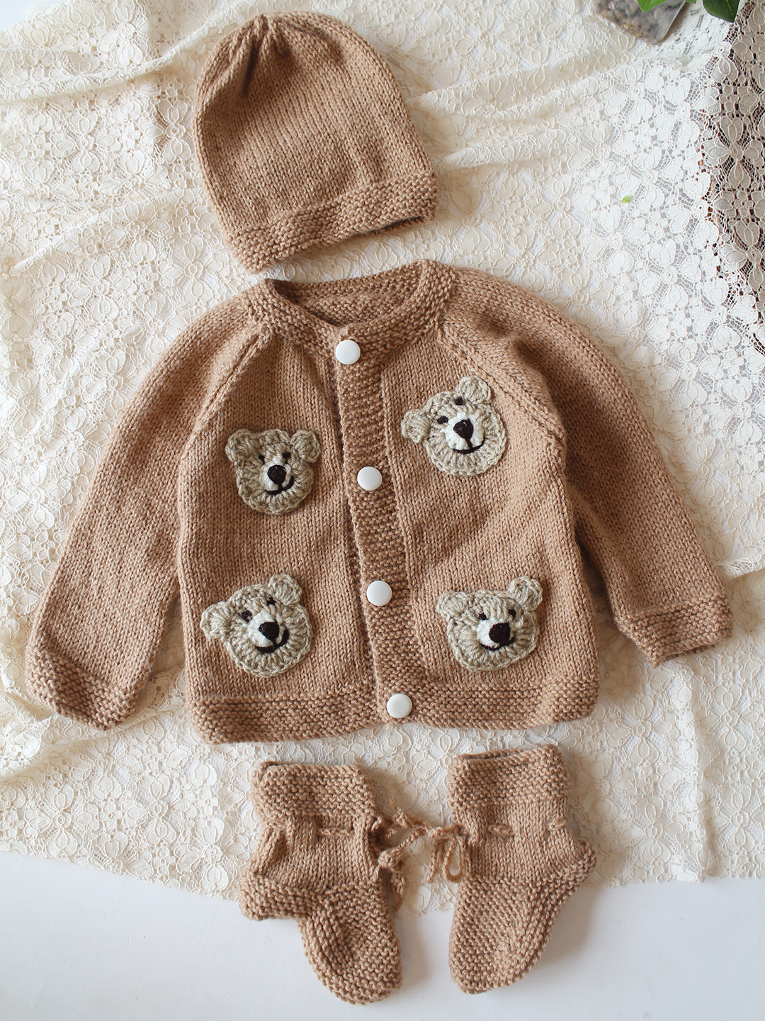 Woonie Handknitted Full Sleeves Bear Face Applique Cardigan with Cap & Socks - Beige