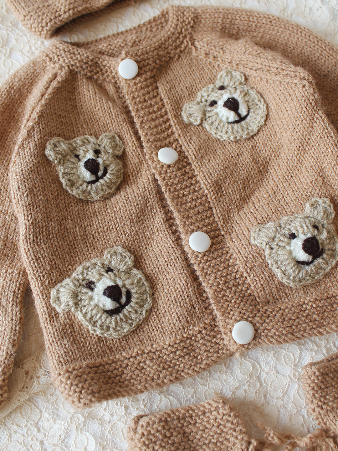 Woonie Handknitted Full Sleeves Bear Face Applique Cardigan with Cap & Socks - Beige