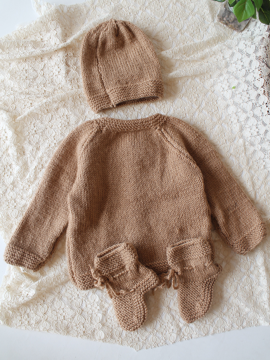 Woonie Handknitted Full Sleeves Bear Face Applique Cardigan with Cap & Socks - Beige