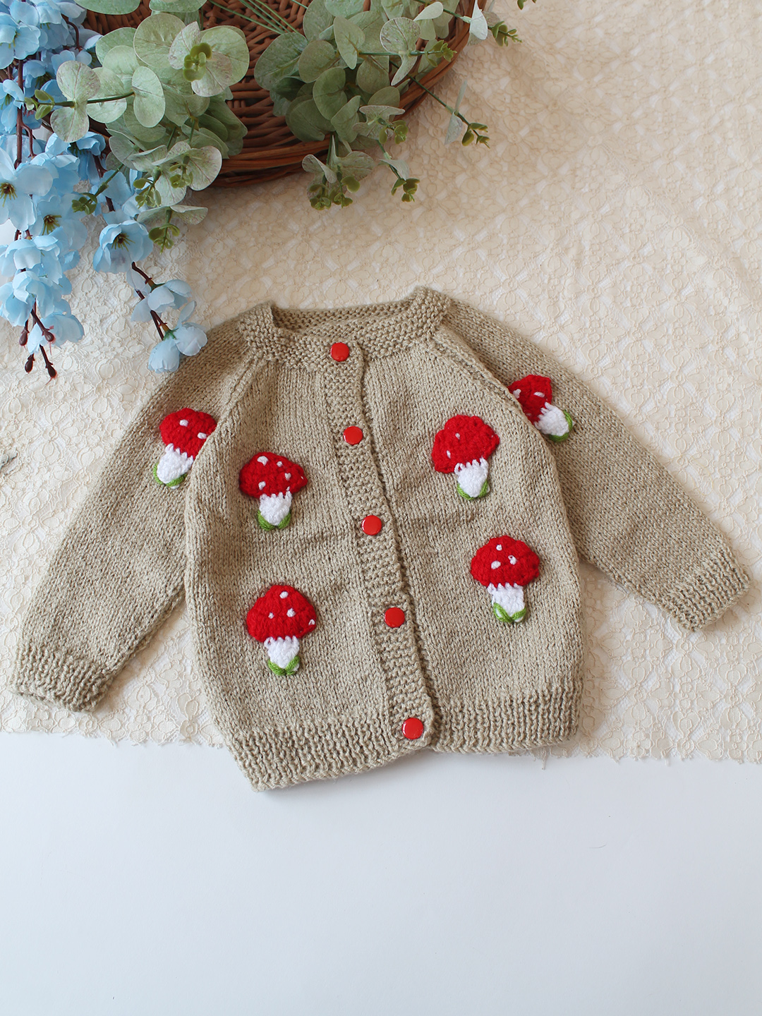 Woonie Handknitted Mushroom Applique Sweater - Beige