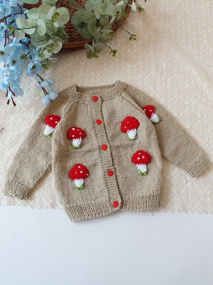 Image of Woonie Handknitted Mushroom Applique Sweater - Beige