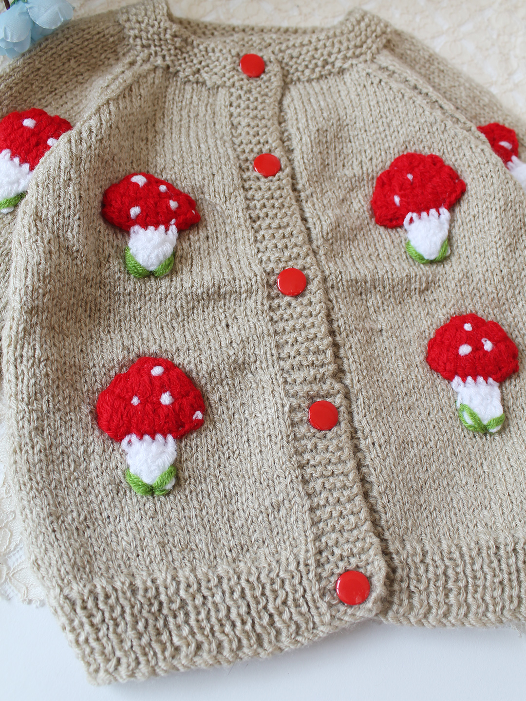Woonie Handknitted Mushroom Applique Sweater - Beige