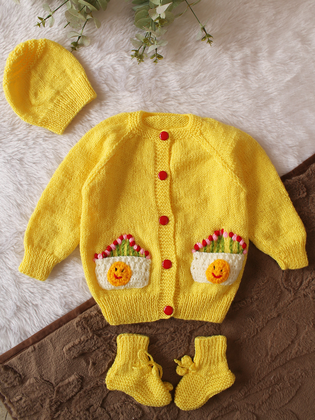 Woonie Handknitted Full Sleeves Smiley Face Pocket Detailed Cardigan with Cap & Socks - Yellow