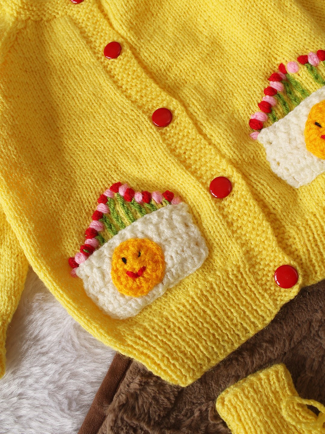 Woonie Handknitted Full Sleeves Smiley Face Pocket Detailed Cardigan with Cap & Socks - Yellow