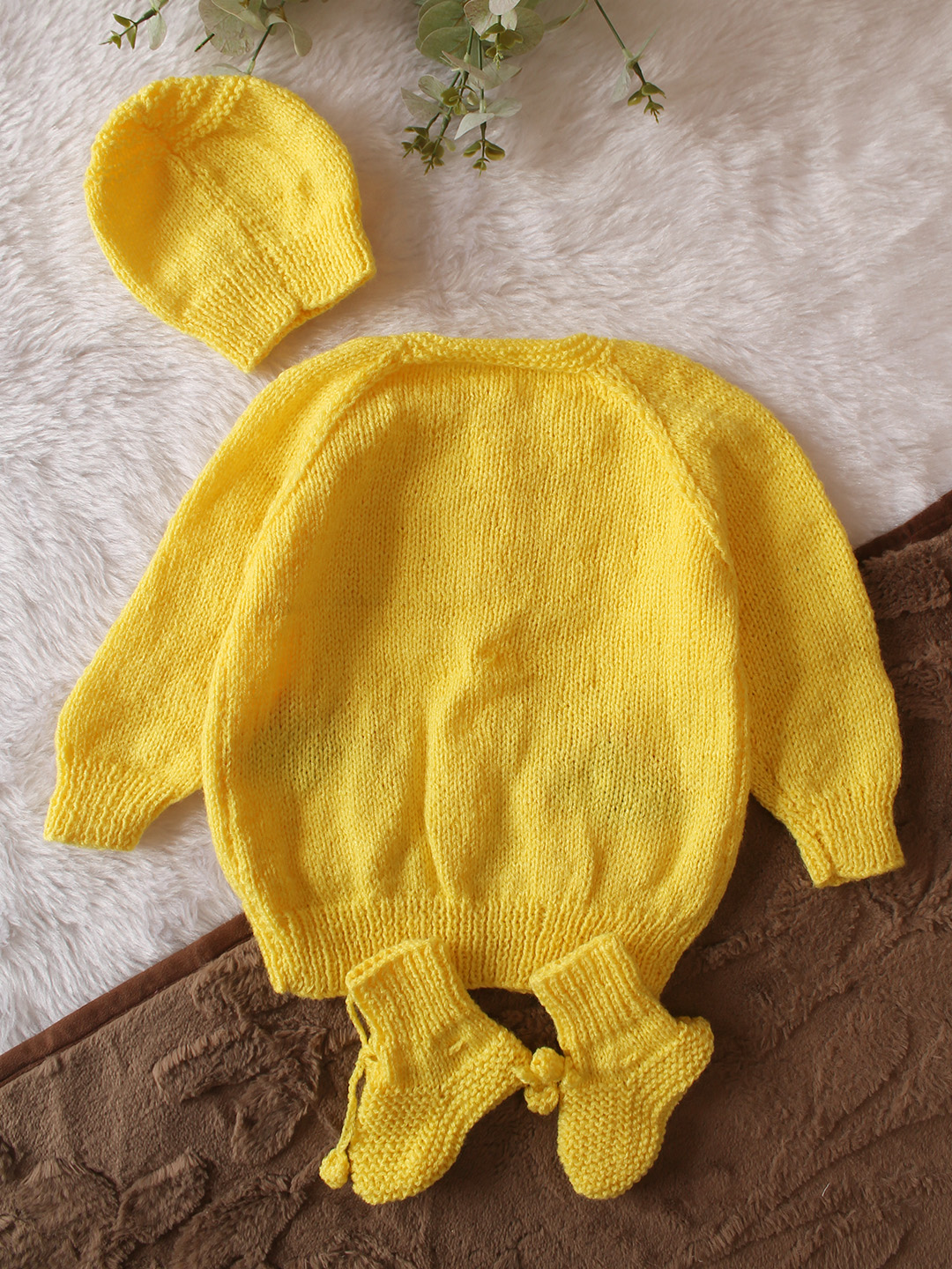 Woonie Handknitted Full Sleeves Smiley Face Pocket Detailed Cardigan with Cap & Socks - Yellow