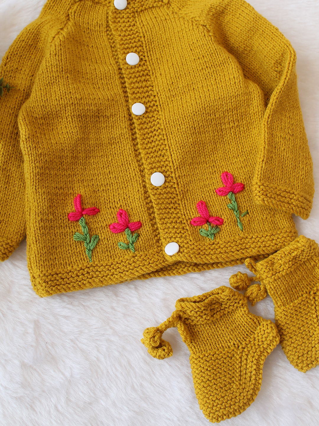 Woonie Handknitted Full Sleeves Floral Embroidered Cardigan with Cap & Socks - Mustard