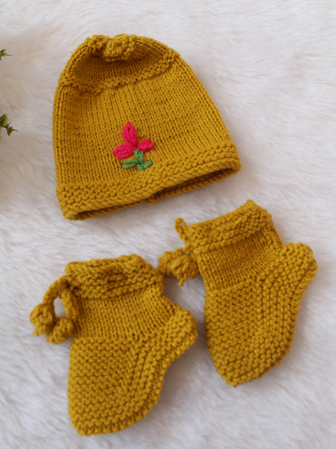 Woonie Handknitted Full Sleeves Floral Embroidered Cardigan with Cap & Socks - Mustard