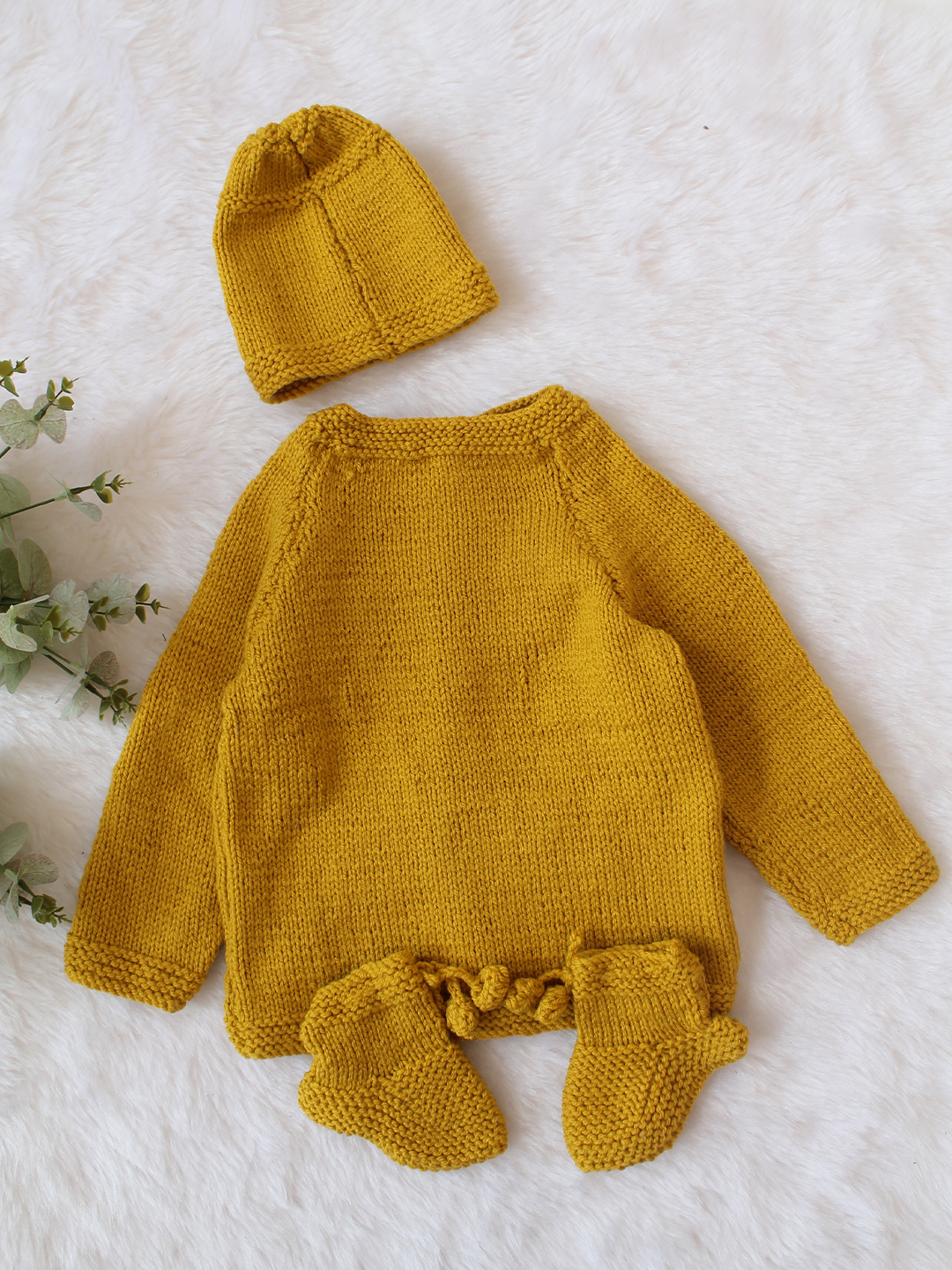 Woonie Handknitted Full Sleeves Floral Embroidered Cardigan with Cap & Socks - Mustard