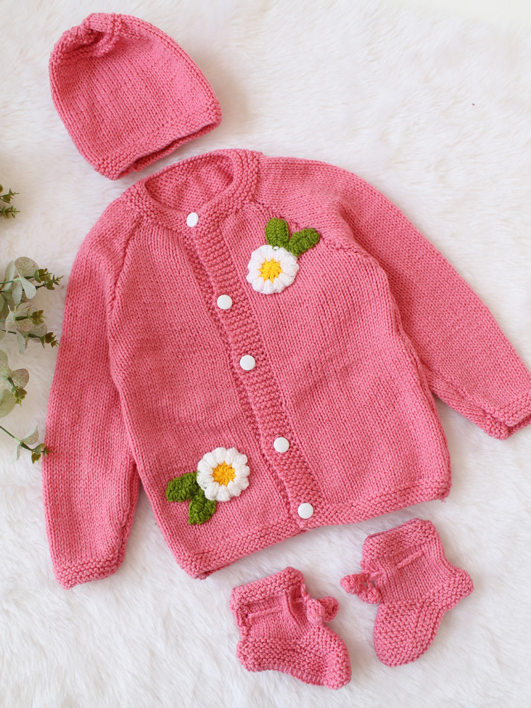 Image of Woonie Handknitted Full Sleeves Floral Appliques Detailed Cardigan with Cap &amp; Socks - Pink