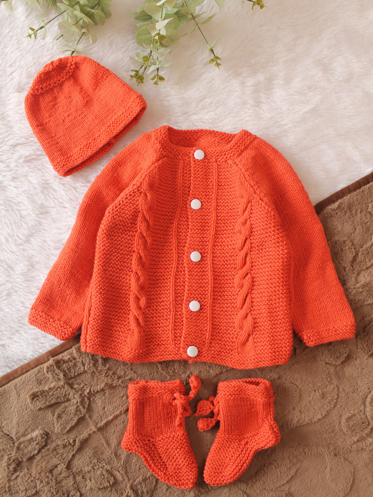 Image of Woonie Handknitted Full Sleeves Cable Knit Cardigan with Cap &amp; Socks - Coral