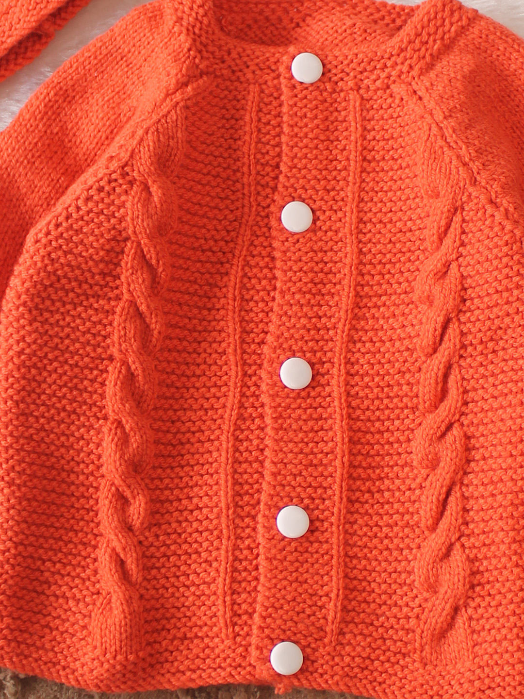 Woonie Handknitted Full Sleeves Cable Knit Cardigan with Cap & Socks - Coral