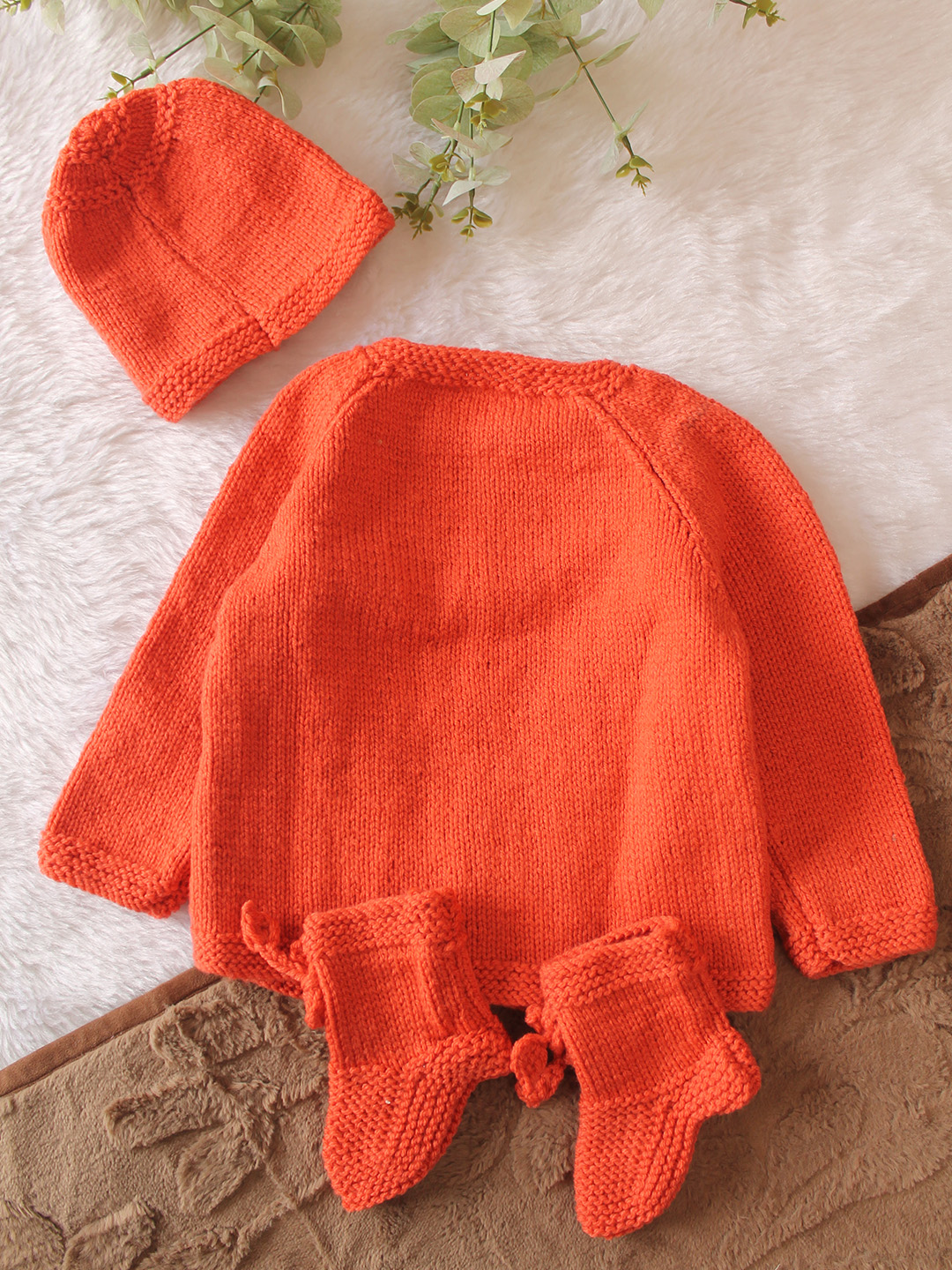Woonie Handknitted Full Sleeves Cable Knit Cardigan with Cap & Socks - Coral