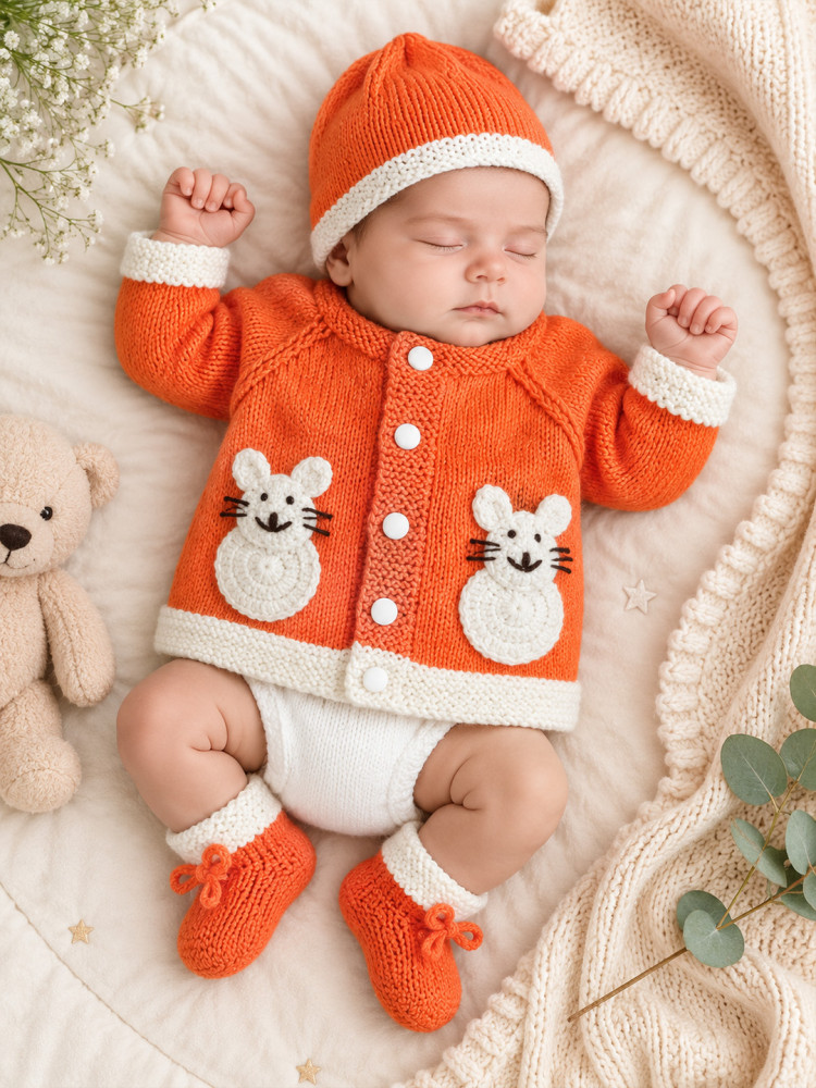 Image of Woonie Handknitted Full Sleeves Mouse Applique Cardigan with Cap &amp; Socks - Orange