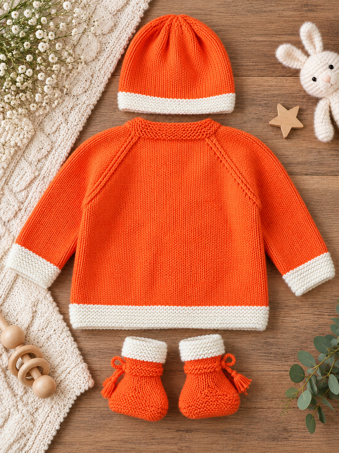 Woonie Handknitted Full Sleeves Mouse Applique Cardigan with Cap & Socks - Orange