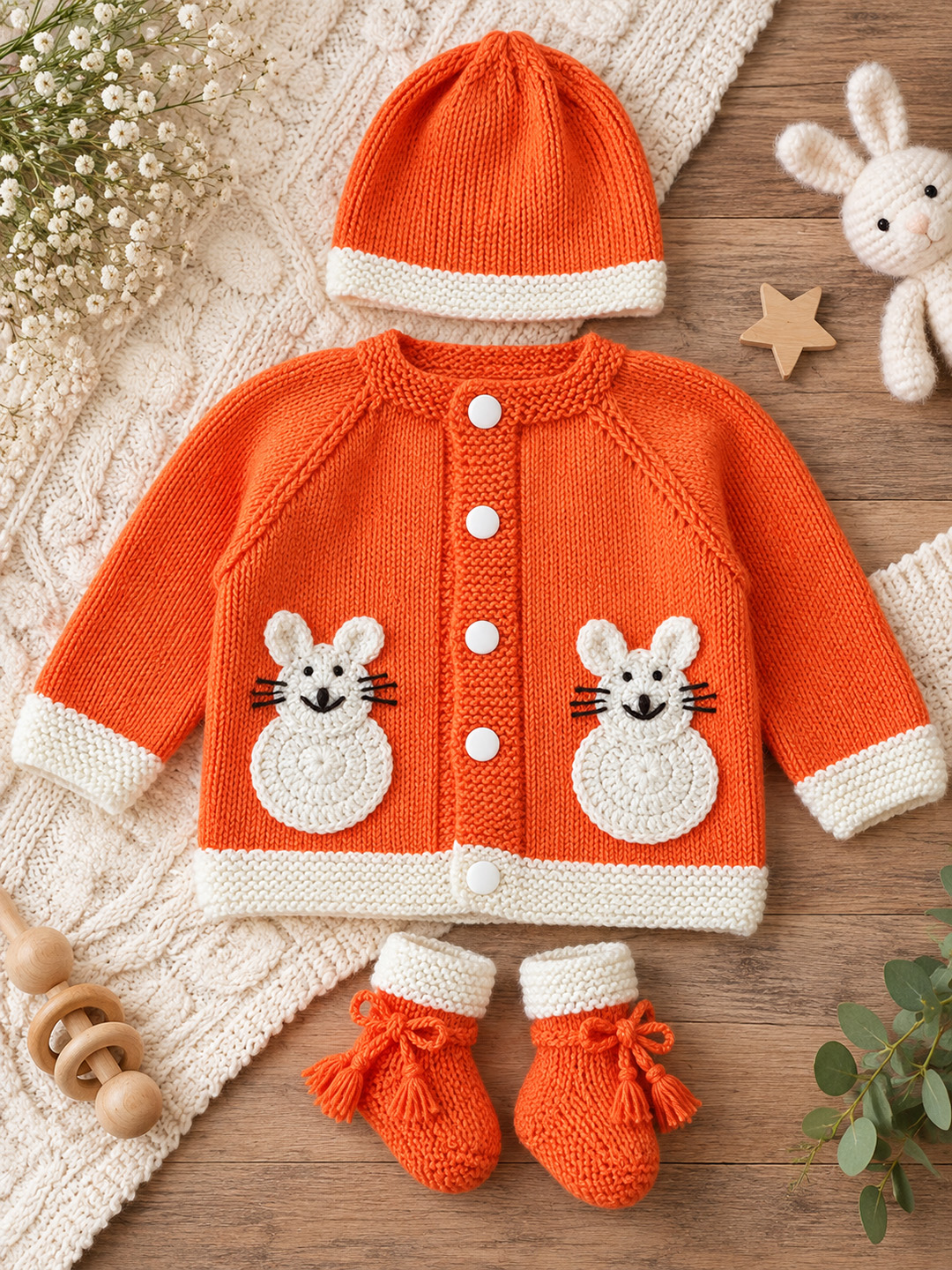 Woonie Handknitted Full Sleeves Mouse Applique Cardigan with Cap & Socks - Orange