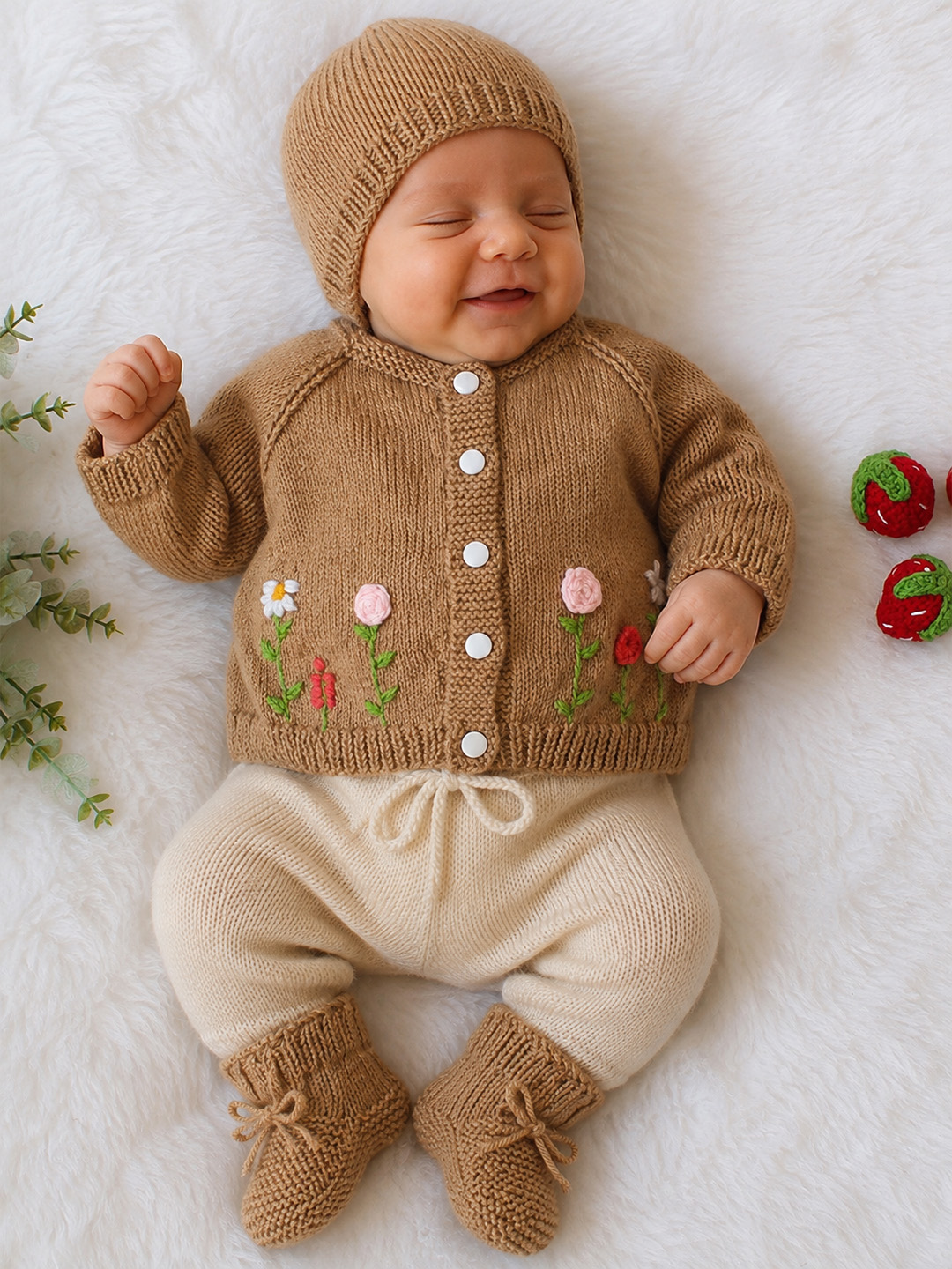 Woonie Handknitted Full Sleeves Floral Embroidered Cardigan with Cap & Socks - Beige