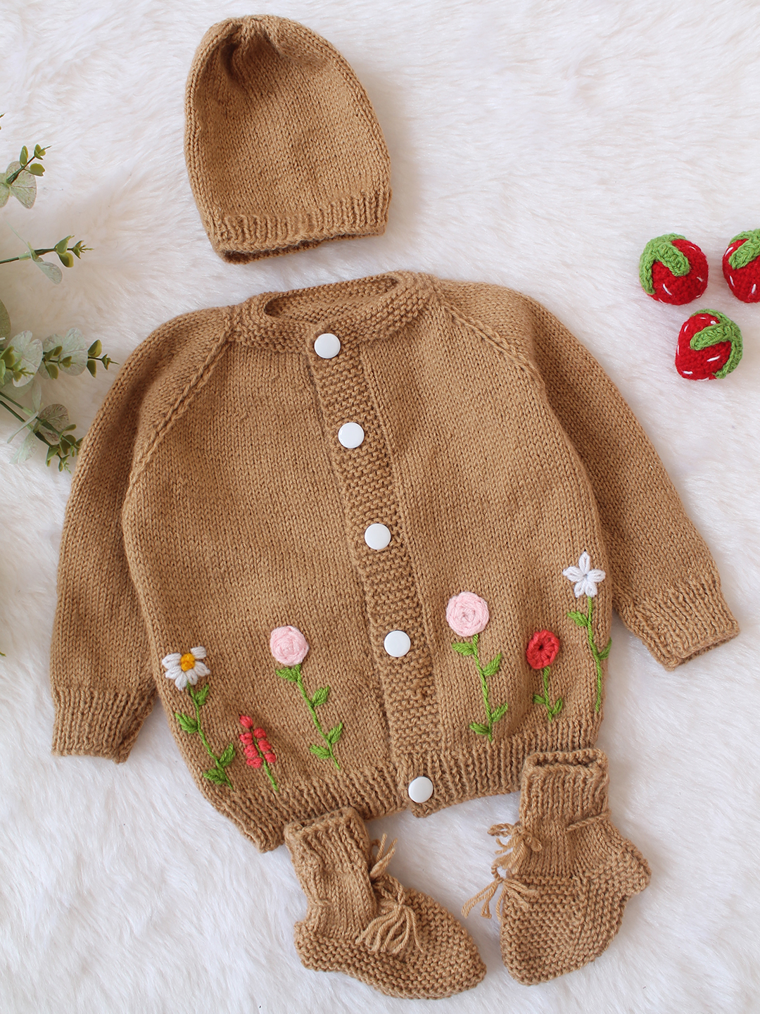 Woonie Handknitted Full Sleeves Floral Embroidered Cardigan with Cap & Socks - Beige