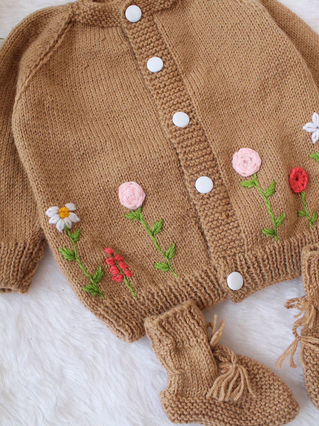 Woonie Handknitted Full Sleeves Floral Embroidered Cardigan with Cap & Socks - Beige