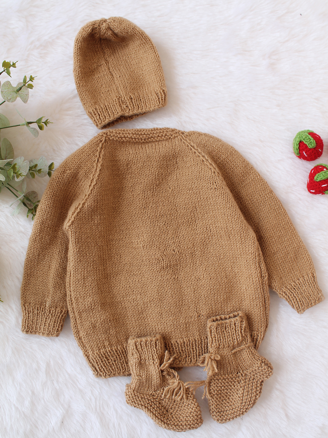 Woonie Handknitted Full Sleeves Floral Embroidered Cardigan with Cap & Socks - Beige