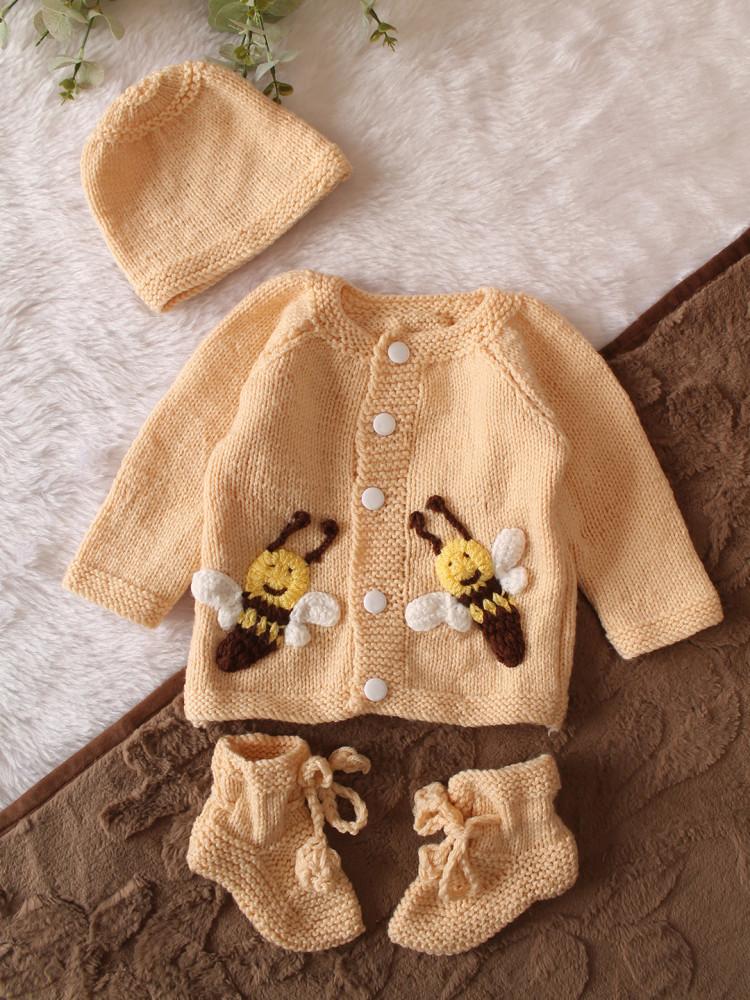 Image of Woonie Handknitted Full Sleeves Bee Applique Cardigan with Cap &amp; Socks - Cream