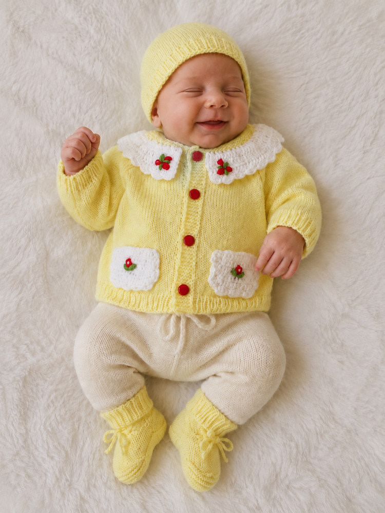 Image of Woonie Handknitted Full Sleeves Floral Embroidered Pocket Detailed Cardigan with Cap &amp; Socks - Yellow