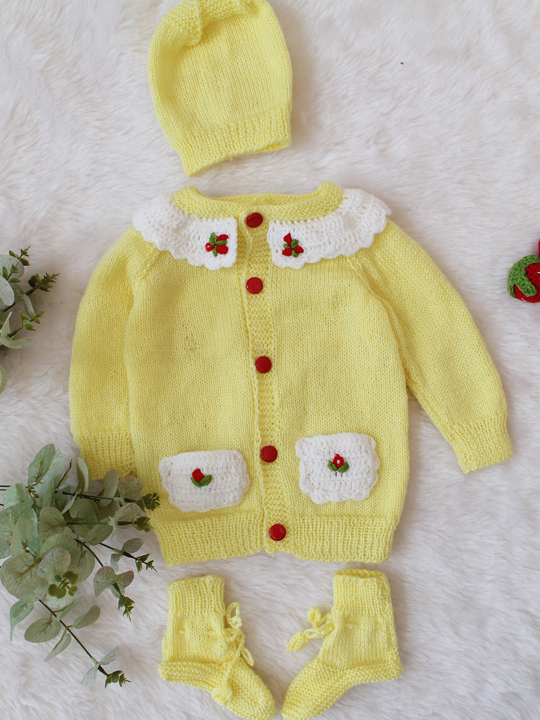 Woonie Handknitted Full Sleeves Floral Embroidered Pocket Detailed Cardigan with Cap & Socks - Yellow