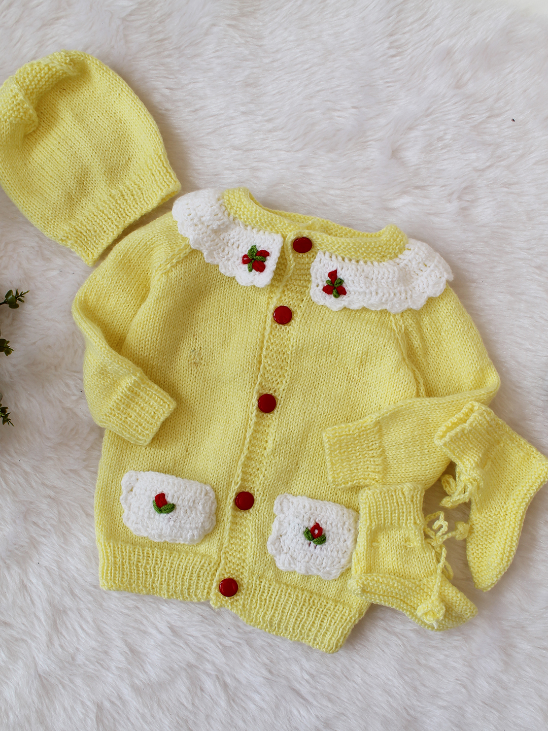Woonie Handknitted Full Sleeves Floral Embroidered Pocket Detailed Cardigan with Cap & Socks - Yellow