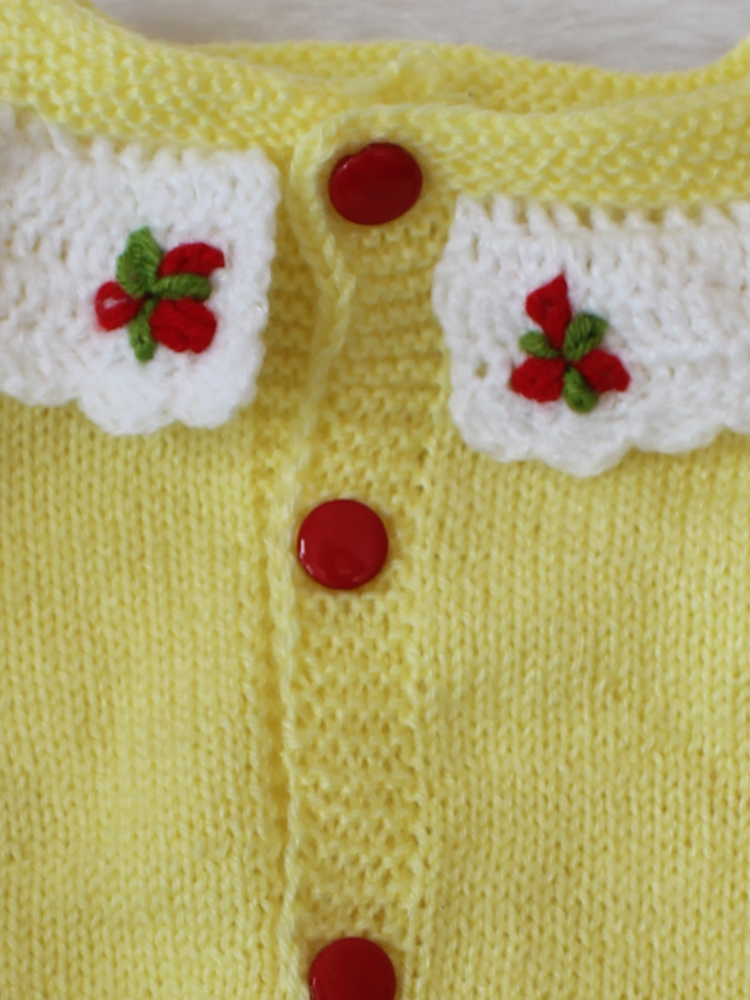 Woonie Handknitted Full Sleeves Floral Embroidered Pocket Detailed Cardigan with Cap & Socks - Yellow