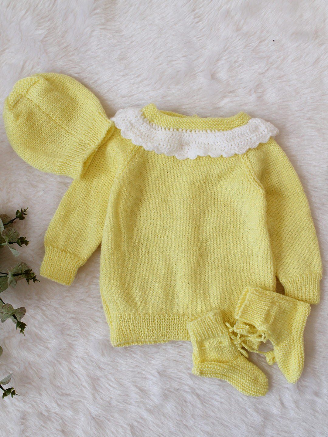 Woonie Handknitted Full Sleeves Floral Embroidered Pocket Detailed Cardigan with Cap & Socks - Yellow