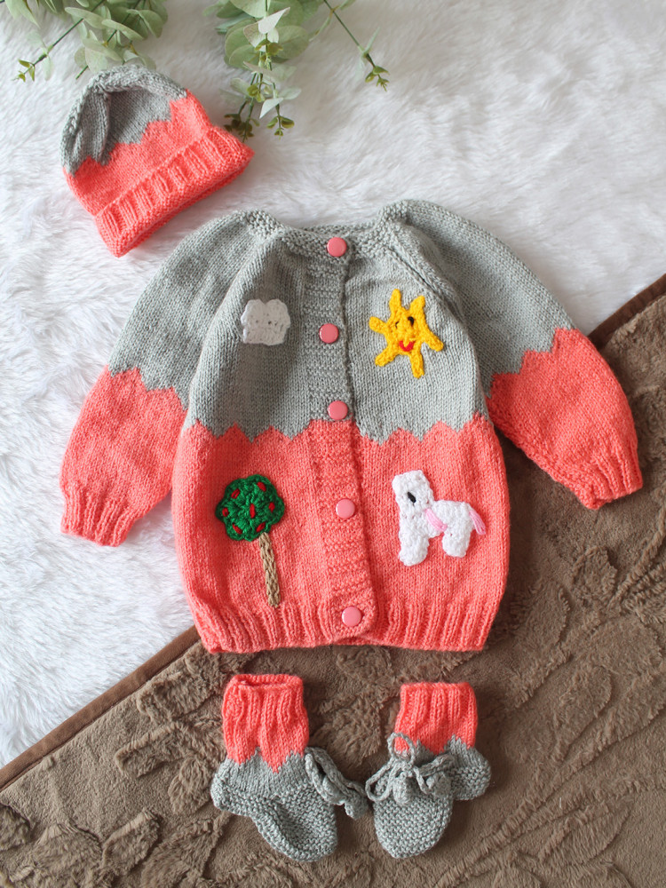 Image of Woonie Handknitted Full Sleeves Appliques Cardigan with Cap &amp; Socks - Pink