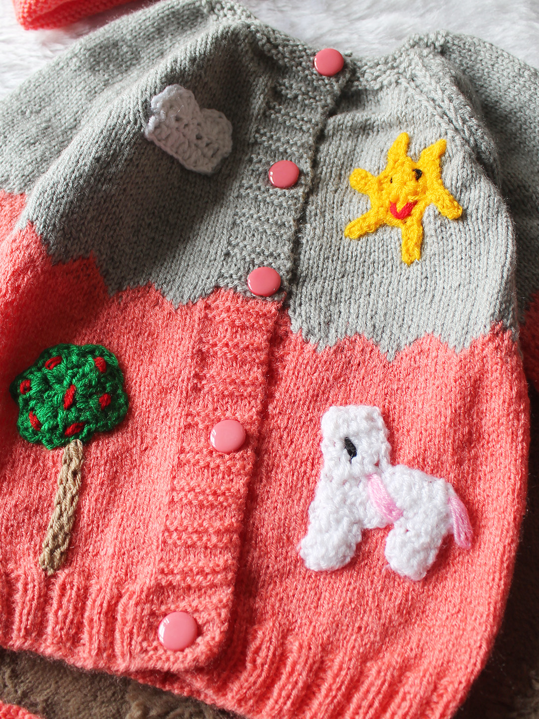 Woonie Handknitted Full Sleeves Appliques Cardigan with Cap & Socks - Pink