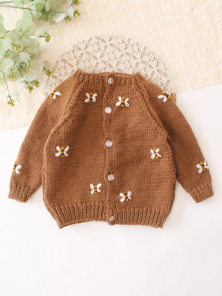 Image of Woonie Handknitted Bee Embroidered Sweater - Brown
