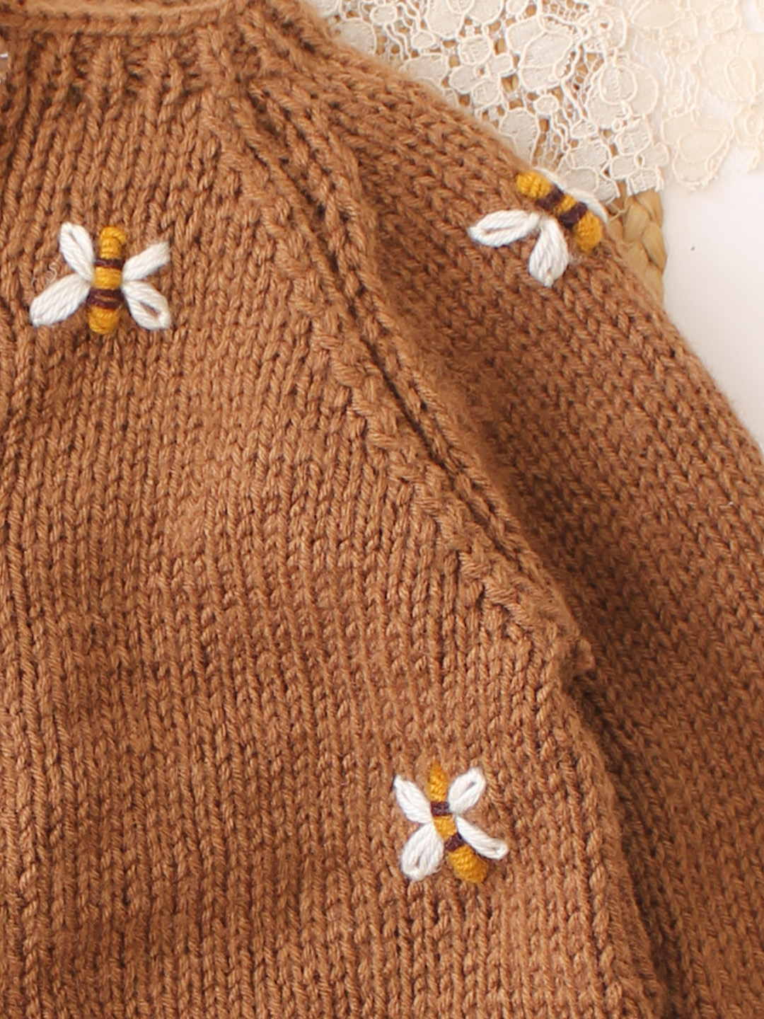 Woonie Handknitted Bee Embroidered Sweater - Brown