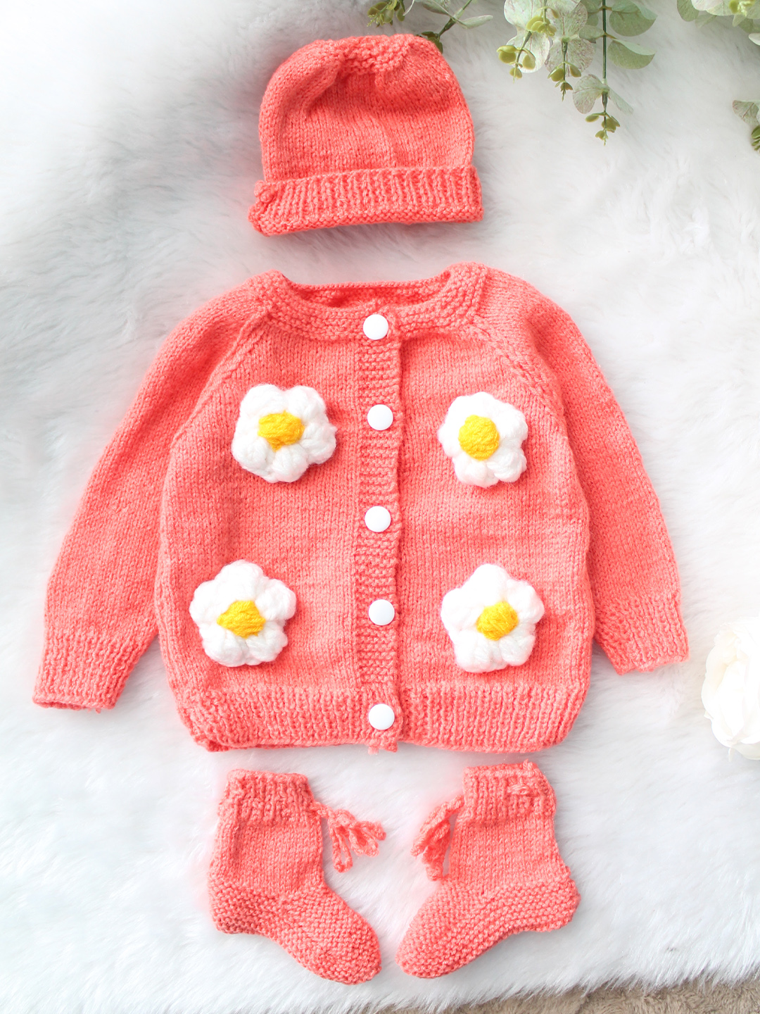 Woonie Handknitted Full Sleeves Floral Appliques Detailed Cardigan with Cap & Socks - Peach