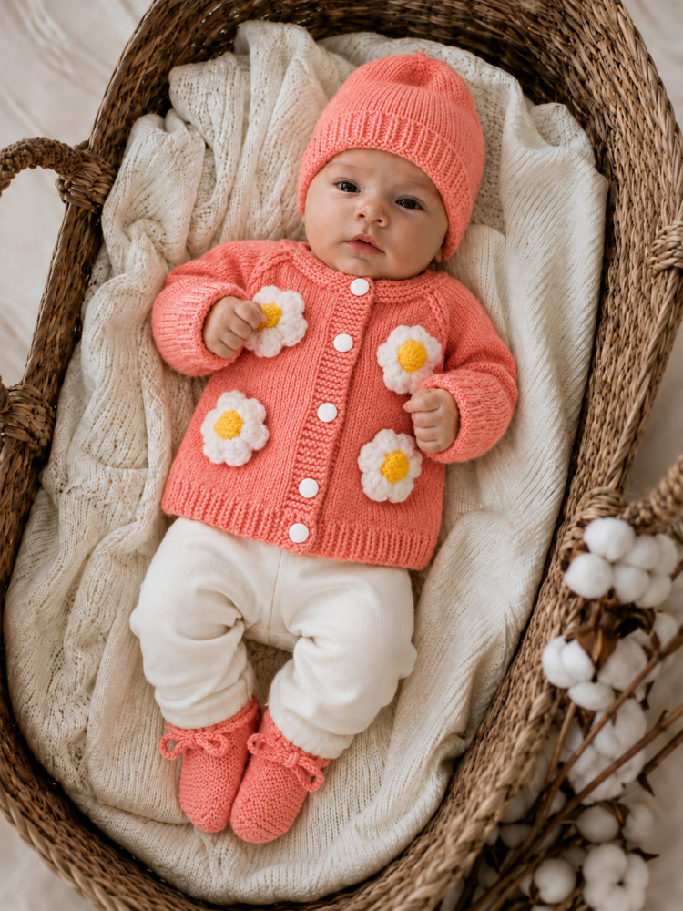 Image of Woonie Handknitted Full Sleeves Floral Appliques Detailed Cardigan with Cap &amp; Socks - Peach