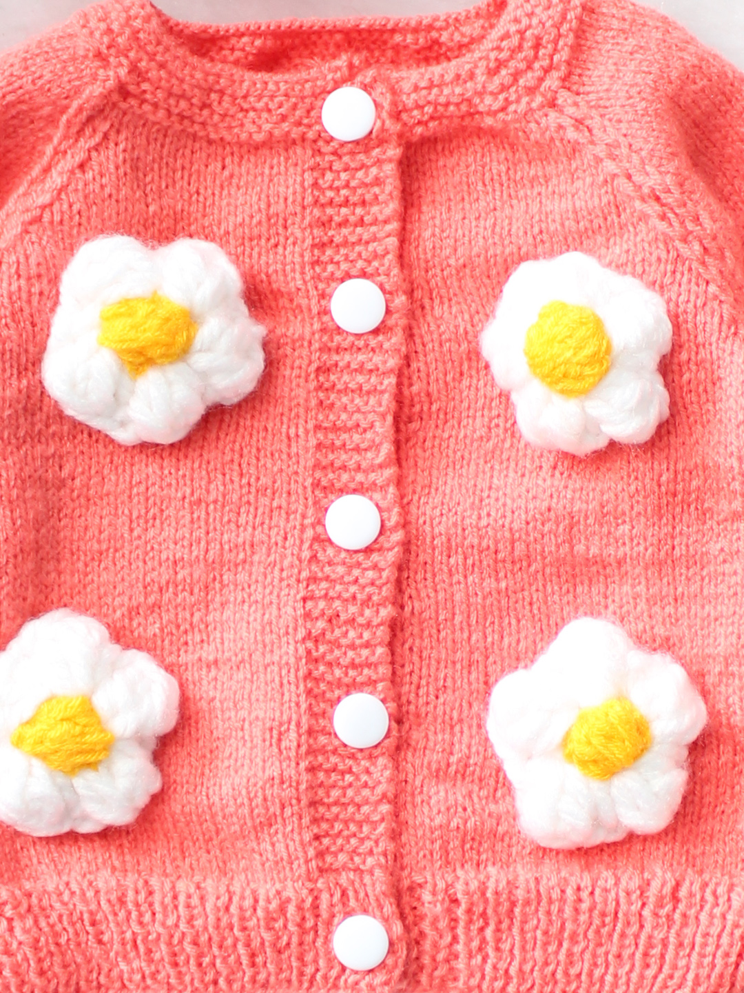Woonie Handknitted Full Sleeves Floral Appliques Detailed Cardigan with Cap & Socks - Peach