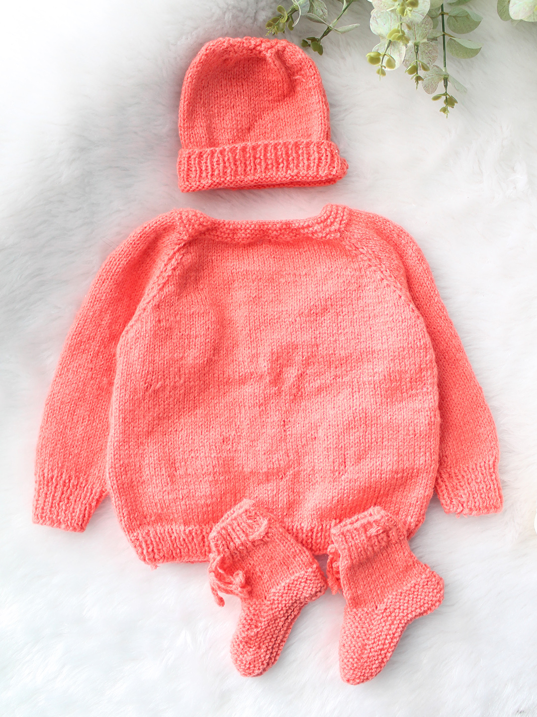 Woonie Handknitted Full Sleeves Floral Appliques Detailed Cardigan with Cap & Socks - Peach