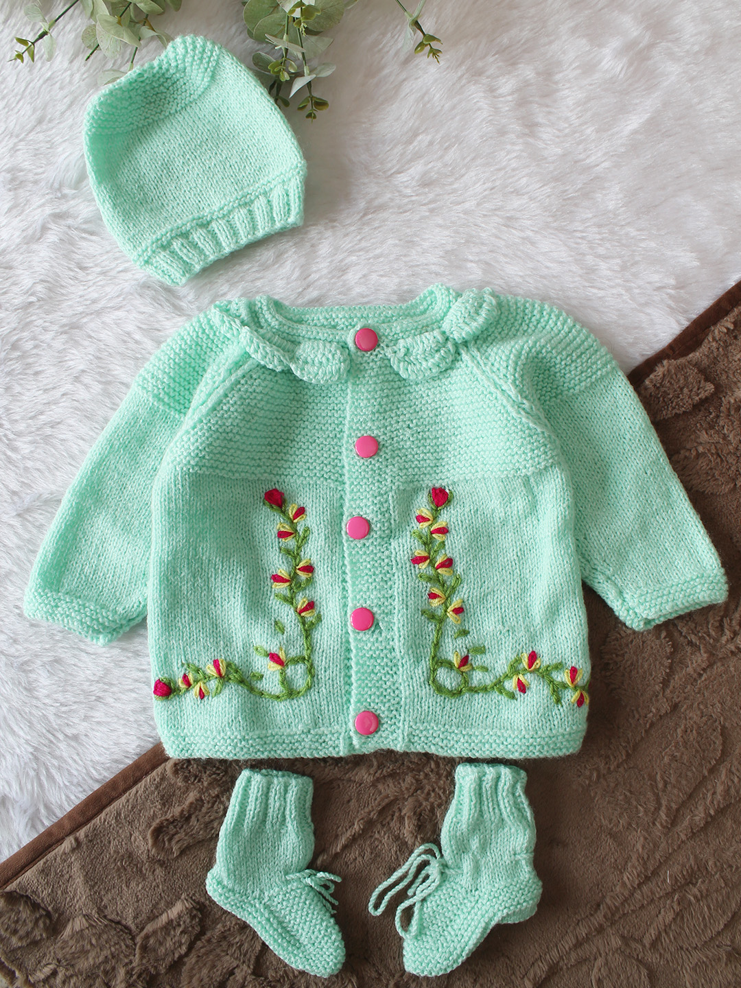 Woonie Handknitted Full Sleeves Floral Embroidered Cardigan with Cap & Socks - Green