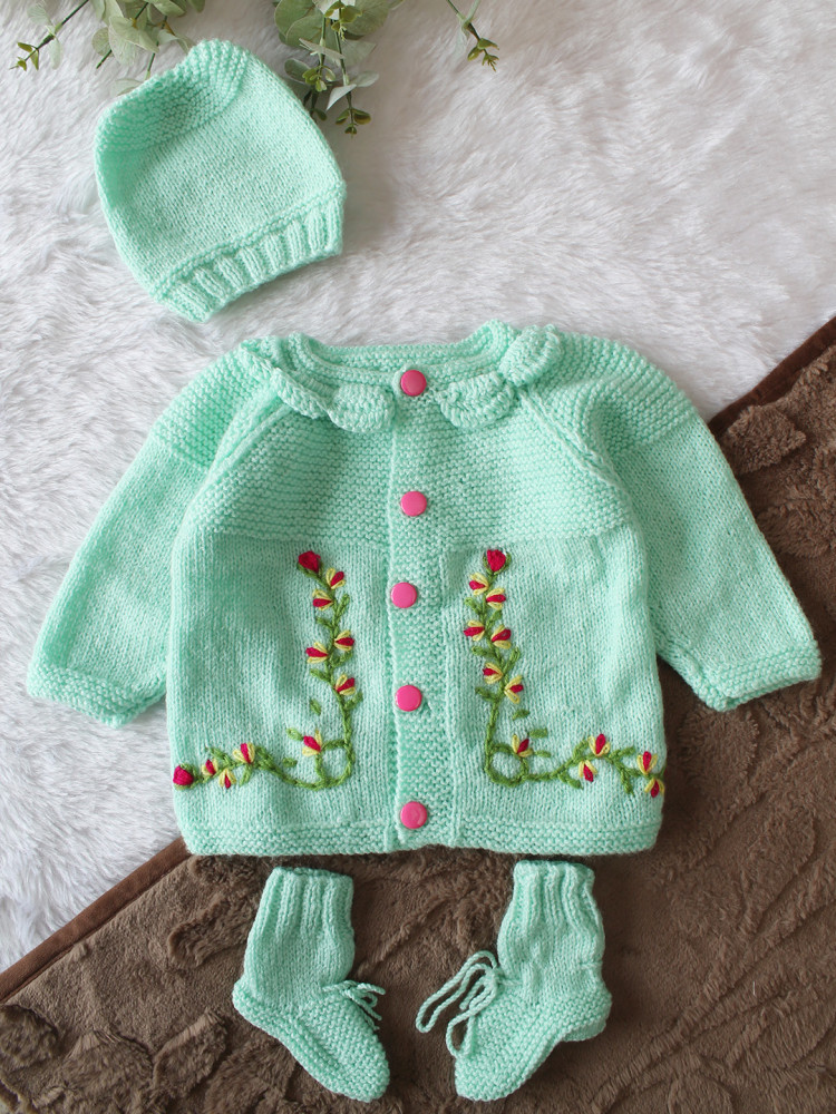 Image of Woonie Handknitted Full Sleeves Floral Embroidered Cardigan with Cap &amp; Socks - Green