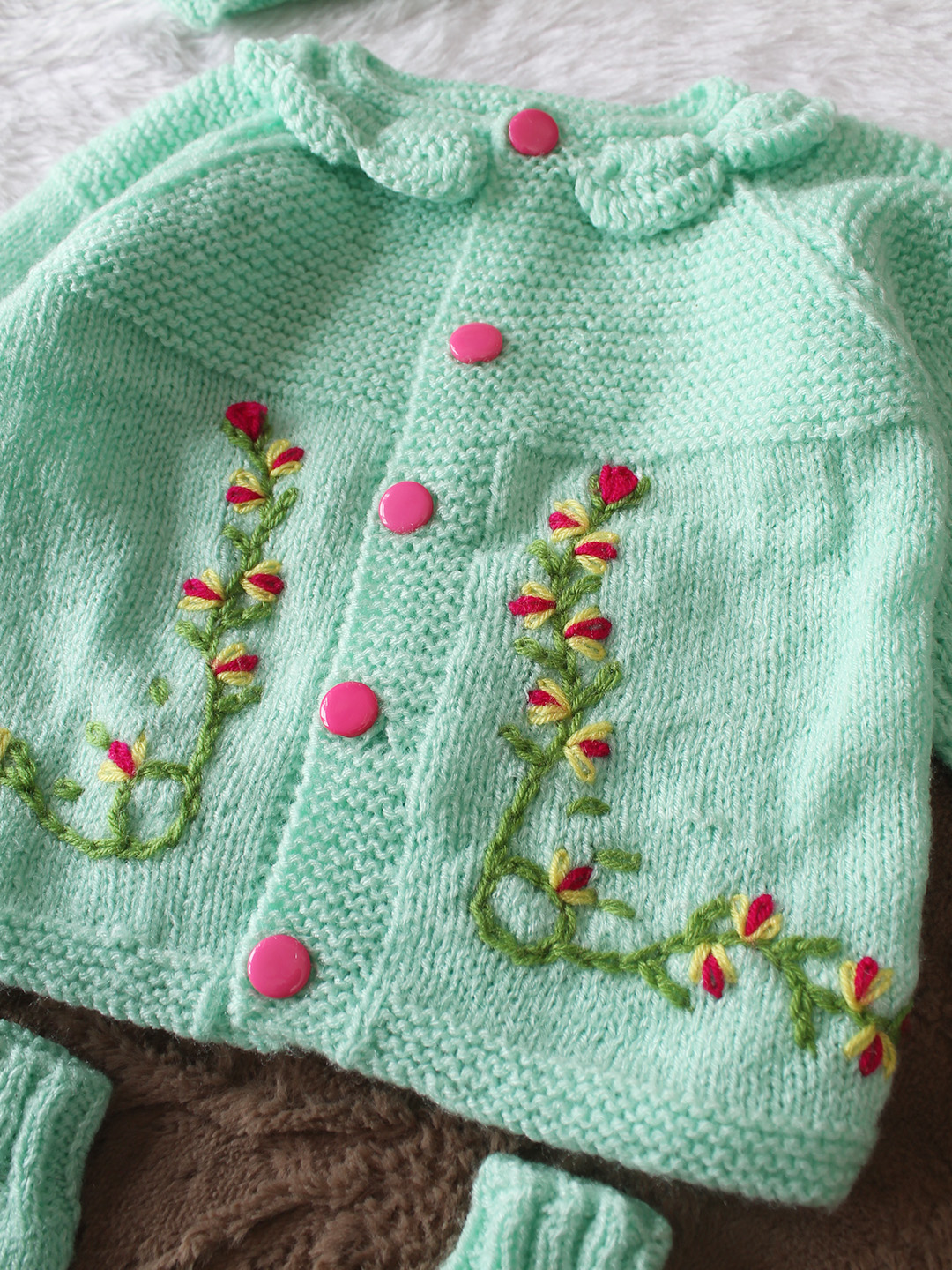 Woonie Handknitted Full Sleeves Floral Embroidered Cardigan with Cap & Socks - Green