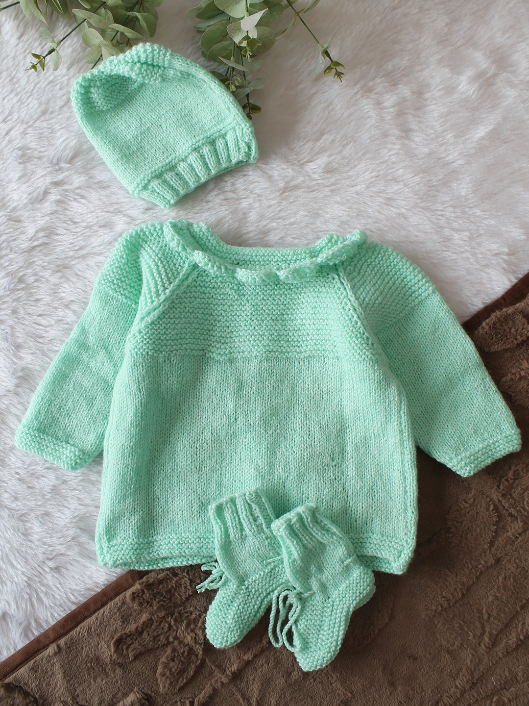 Woonie Handknitted Full Sleeves Floral Embroidered Cardigan with Cap & Socks - Green