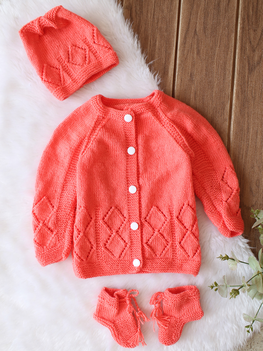 Woonie Handknitted Full Sleeves Self Design Cardigan with Cap & Socks - Coral